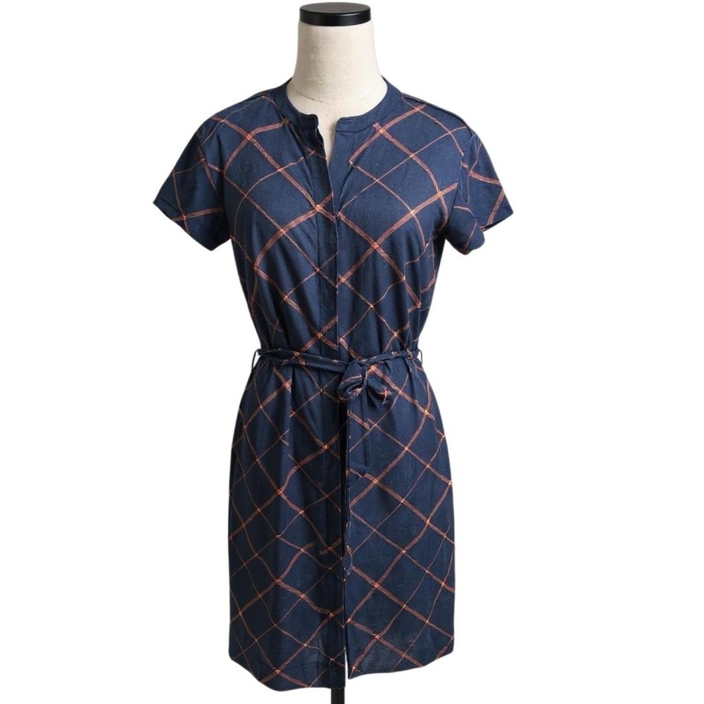 NEW Barbour Size 4 Summer Tartan Navy Blue Plaid Tie Waist Shirt Dress